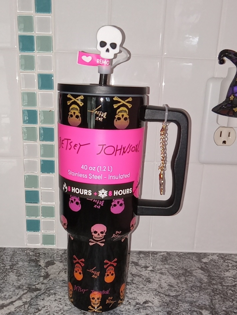 Betsey Johnson Black Travel Mug With Multi Colored Skulls